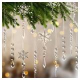 Multipcs Christmas Ornaments Set for Tree Decorations- Hanging Acrylic Crystal Snowflake Icicle Drop Decorations for Winter Christmas Tree New Year Party Supplies