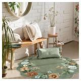 Lahome Floral Round Area Rugs, Washable Small Round Rug 3ft Non-Slip, Soft Boho Ultra-Thin Circle Carpet for Bedroom Entryway Kitchen Laundry Bathroom, Green