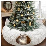 CORALMEE Cat Tunnel Christmas Tree Skirt, Cat Tunnel Bed with Hanging Toy Ball, Foldable Plush Cats Cave Donut Tunnel Christmas Decor, with Soft Mat Kitty Tunnel for Indoor Small Animal, White Rhombus