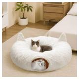 CORALMEE Cat Tunnel Christmas Tree Skirt, Cat Tunnel Bed with Hanging Toy Ball, Foldable Plush Cats Cave Donut Tunnel Christmas Decor, with Soft Mat Kitty Tunnel for Indoor Small Animal, White Rhombus