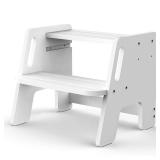 Toddler Step Stool, Wooden Height-Adjustable 2-Step Stool for Kids, Potty Training Stool with Handles for Bathroom Sink, Kitchen, Bedroom-White