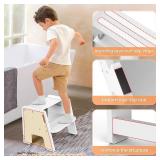 Toddler Step Stool, Wooden Height-Adjustable 2-Step Stool for Kids, Potty Training Stool with Handles for Bathroom Sink, Kitchen, Bedroom-White