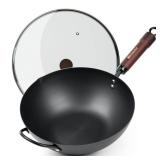 BIELMEIER Carbon Steel Wok, 12.5 Inch Stir Fry Pan with Lid, Natural Non-Stick Flat Bottom Wok for All Cooktops, Pre-Seasoned for Asian Cuisine, Saute, Searing