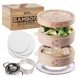 2 Tier Bamboo Steamer- 10 Baskets With Handle, Silicone Liner, Adapter, Molder Press For Cooking Vegetables Dumpling Press & Dough Cutter for Steaming Chinese Asian Food & Bao Bun, Dim Sum Potsticker