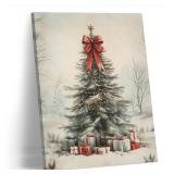 AEHIE Coquette Christmas Wall Decor,Christmas Tree Wall Decor, Christmas Framed Canvas Wall Art,Holiday Winter Pine Tree Bow Wall Decorations for Living Room Farmhouse Decorations Decor 11x14