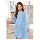 Big Girl Winter Pleated Hem Cable Knit Ruffle Cuff Dresses Elastic Waist Midi Outfit Sweater Dress Light Blue 10 Years