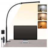 Voncerus LED Desk Lamp with Clamp, Eye-Caring Clip on Lights for Home Office, 3 Modes 10 Brightness, Long Flexible Goose-Neck, Metal, Swing Arm Architect Task Table Lamps with USB Adapter, Black