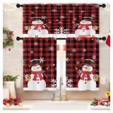 Emvency Christmas Kitchen Curtains Cute Snowman Window Curtains and Valances Set 36 Inch, Snowflake Buffalo Plaid Short Tier Curtain, Small Kitchen Decor