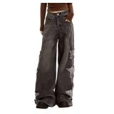 Lafaguw Baggy Jeans for Woman Girls Star Patchwork High Waist Cute Jeans Streetwear Loose Pants Grunge Emo Clothing (Black-L)