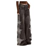 Lafaguw Baggy Jeans for Woman Girls Star Patchwork High Waist Cute Jeans Streetwear Loose Pants Grunge Emo Clothing (Black-L)