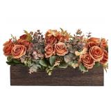 Dahey Centerpiece Table Decorations for Dining Room Farmhouse Living Room Fall Table Centerpieces Decor Wood Tray with 3 Artificial Flowers and 2 Eucalyptus for Kitchen Table, Orange