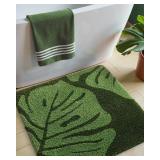 DEXI Bathroom Rug Non Slip, Washable Bath Mat Absorbent, Soft Microfiber Bathmat Monstera Deliciosa Embossed Leaf Carpet for Shower Floor, Square 31x31,Green
