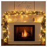 6FT Christmas Garland with Lights, Pre-Lit Artificial Pine Garland with Red Berries, Lighted Flocked Garland for Table Mantle Fireplace Door Stairs Windows Wall Indoor Outdoor Holiday Christmas Decor