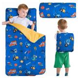DJY Toddler Nap Mat Blue Car Slumber Bag,Kid Sleeping Mat with Removable Pillow & Minky Blanket,Perfect for Daycare,Preschool,Kindergarten,Travel