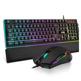 RedThunder K10 Wired Gaming Keyboard and Mouse and Wrist Rest Combo, RGB Backlit, Mechanical Feel Anti-ghosting Keyboard + 7D 7200 DPI Mice+Soft Leather Wrist Rest 3 in 1 PC Gamer Accessories(Black)
