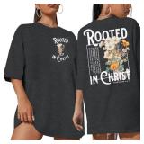 Rooted in Christ Shirt Christian Shirts for Women Jesus Oversized Tshirt Bible Verse Graphics Tees Tops Dark Grey Large