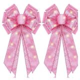 Giegxin 2 Pcs Large Pink Lighted Christmas Bows with Lights for Wreath and Tree Topper, 18x10 Inch Pre Lit Pink Wreath Bow Light up for Christmas Decorations for Front Door Windows Outdoor Indoor
