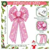 Giegxin 2 Pcs Large Pink Lighted Christmas Bows with Lights for Wreath and Tree Topper, 18x10 Inch Pre Lit Pink Wreath Bow Light up for Christmas Decorations for Front Door Windows Outdoor Indoor