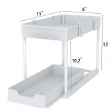 DEKAVA Cabinet, 2 Pack Under Sink Organizer, 2 Tier Sliding Bathroom Kitchen Organizer, Large White ABS Baskets, Easy Install & Clean