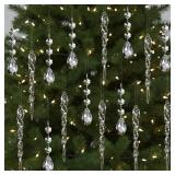 Qunclay Clear Acrylic Icicle Christmas Tree Ornaments Crystal Ball Drops Clear Teardrop Chandelier Pendants Beads Set for Xmas Wedding Hanging Decorations