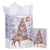 LeZakaa 13 Christmas Gift Bag, Winter Deer Snowy Forest Gold Foil Design, Matching Tissue Paper, Greeting Card and Tag, for Xmas Holiday Party, Winter Birthday, 13 x 10 x 5, 1 Pcs