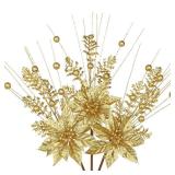 Oairse 3 Pcs Gold Artificial Poinsettia Flowers Picks Glitter Christmas Floral Picks and Sprays Christmas Fake Flowers Stems with Berries Pine Branches Fillers for for DIY Centerpieces Vase Decor