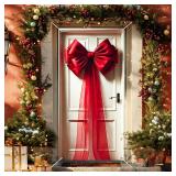 BlissYard Giant Red Bow Christmas Door Cover 35x71 Inch Holiday Entry Banner for Front Door Indoor Outdoor Winter Backdrop Wall Hanging Decor