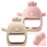 2 Pack Baby Teething Toy Silicone Teething Mitten for Babies Over 3 Months Anti Dropping Wrist Hand Teethers Baby Chew Toys for Sucking Needs, BPA Free (Pink & Caramel)
