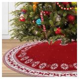 Dremisland Christmas Tree Skirt Rustic Christmas Tree Mat with Snowflake Reindeer Red Knitted Xmas Tree Skirts Thick Knitted Xmas Holiday Decoration New Year Home Party Decorations (Red, 36inch/90cm)