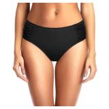 Tempt Me Women Black Bikini Bottoms Mid Waist Ruched Bathing Suit Swimsuit Full Coverage Swim Bottom M