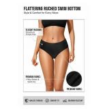 Tempt Me Women Black Bikini Bottoms Mid Waist Ruched Bathing Suit Swimsuit Full Coverage Swim Bottom M