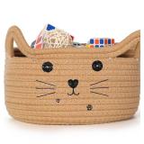 Zopeal Cat Basket Storage Woven Organizer with Ears Christmas Decorative Pet Toy Cute Cotton Rope Basket for Gift Cat Dog Toy Bin Nursery Room(13.7 x 7.8 Inch,Khaki)
