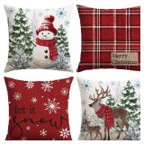 Artscope Christmas Throw Pillow Covers 18x18 Inch Set of 4, Scottish Tartan Plaid Snowman Reindeer Winter Christmas Decoration Pillow Cases for Home Sofa Couch Decor-Red