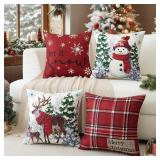 Artscope Christmas Throw Pillow Covers 18x18 Inch Set of 4, Scottish Tartan Plaid Snowman Reindeer Winter Christmas Decoration Pillow Cases for Home Sofa Couch Decor-Red