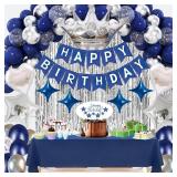 Navy Blue Happy Birthday Party Decorations Set for Men Women , Banner, Crown Balloon, Fringe Curtains, Cake Topper tablecloth for 16th 18th 21st 25th 30th 40th 50th Party Supplies