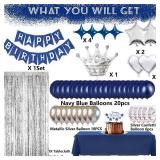 Navy Blue Happy Birthday Party Decorations Set for Men Women , Banner, Crown Balloon, Fringe Curtains, Cake Topper tablecloth for 16th 18th 21st 25th 30th 40th 50th Party Supplies