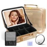 JUSRON Travel Makeup Bag With LED Mirror, Cosmetic Train Case with Light up Mirror, Portable Makeup Artist Organizer Bag with Adjustable Dividers, Makeup Brush Holder Storage (Rose Gold, Large)