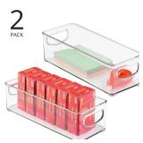mDesign Small Plastic Office Storage Container Bins with Handles for Organization in Filing Cabinet, Closet Shelf, or Desk Drawers, Organizer for Notes, Pens, Pencils, Ligne Collection, 2 Pack - Clear
