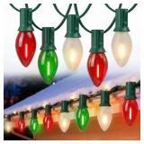 Pallerina 25FT Red Green White Christmas Lights,Multicolor LED C7 Christmas String Lights with 27 LED Bulbs,Dimmable Hanging Lights Candle for Outside Porch Garden Roofline Party Decor