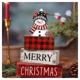 Lineshading 4 Pcs Winter Table Decoration Wooden Snowman Christmas Tiered Tray Decor Red Buffalo Plaid Block Signs Snowman Table Centerpiece Farmhouse Winter Decoration for Home Kitchen Shelf