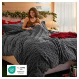 Bedsure Fluffy Flannel Duvet Cover Set - Faux Fur Comforter Cover Queen Size, Dark Grey Warm Plush Bedding for Winter, 3-Piece Set with Zipper Closure (90x90) and 2 Pillow Shams