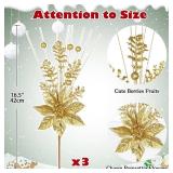 Oairse 3 Pcs Gold Artificial Poinsettia Flowers Picks Glitter Christmas Floral Picks and Sprays Christmas Fake Flowers Stems with Berries Pine Branches Fillers for for DIY Centerpieces Vase Decor
