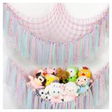 Stuffed Animal Hammock with LED Lights - 59 Inch Large Toy Storage Net for Kids Bedroom, Wall-Mounted Plush Organizer with Wooden Rings, Nursery Decor (Handwoven, Pink)