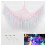 Stuffed Animal Hammock with LED Lights - 59 Inch Large Toy Storage Net for Kids Bedroom, Wall-Mounted Plush Organizer with Wooden Rings, Nursery Decor (Handwoven, Pink)