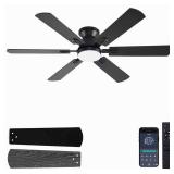 KNUN 56 inch Ceiling Fans with Lights, Black Flush Mount Ceiling fan with Light and Remote/APP Control, 3CCT, RGB, Dimmable, Noiseless, Low Profile Ceiling Fan for Bedroom, Patio, Indoor/Outdoor Use