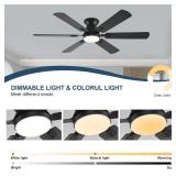 KNUN 56 inch Ceiling Fans with Lights, Black Flush Mount Ceiling fan with Light and Remote/APP Control, 3CCT, RGB, Dimmable, Noiseless, Low Profile Ceiling Fan for Bedroom, Patio, Indoor/Outdoor Use