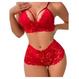Lilosy Sexy Strappy Harness Women Floral Lace Pajamas Lingerie Set High Waist Sheer Sleepwear See Through Nightwear Bow Ties Cami Shorts Bra and Panty 2 Piece Bright Red Small