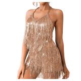 Kaei&Shi Sequin Fringe Romper,Sparkly Glitter Metallic Jumpsuits For Women,Backless Shorts Dress Disco Birthday Dance Outfit,Champagne,Large