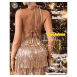 Kaei&Shi Sequin Fringe Romper,Sparkly Glitter Metallic Jumpsuits For Women,Backless Shorts Dress Disco Birthday Dance Outfit,Champagne,Large