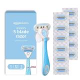 Amazon Basics 5-Blade Razor Handle for Women, Includes 12 Cartridges and Shower Hanger, 14 Piece Set, Blue